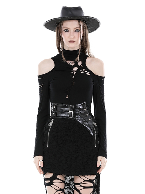 Punk Style Stand Collar Sexy Rebellious Irregular Hollow Off Shoulder Black Long Sleeves Slim Top