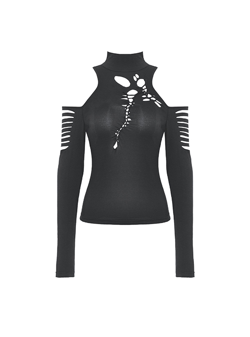 Punk Style Stand Collar Sexy Rebellious Irregular Hollow Off Shoulder Black Long Sleeves Slim Top