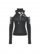 Punk Style Stand Collar Sexy Rebellious Irregular Hollow Off Shoulder Black Long Sleeves Slim Top