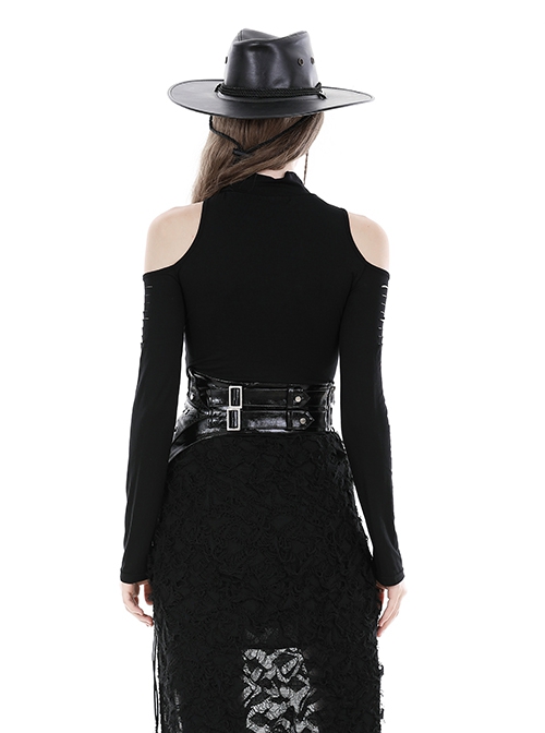 Punk Style Stand Collar Sexy Rebellious Irregular Hollow Off Shoulder Black Long Sleeves Slim Top