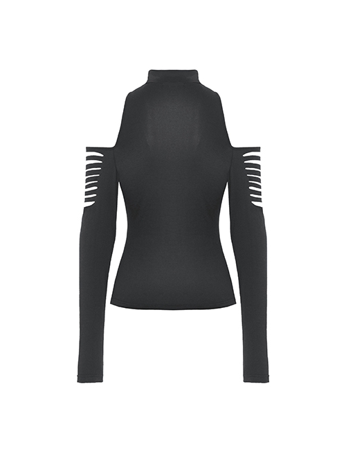 Punk Style Stand Collar Sexy Rebellious Irregular Hollow Off Shoulder Black Long Sleeves Slim Top