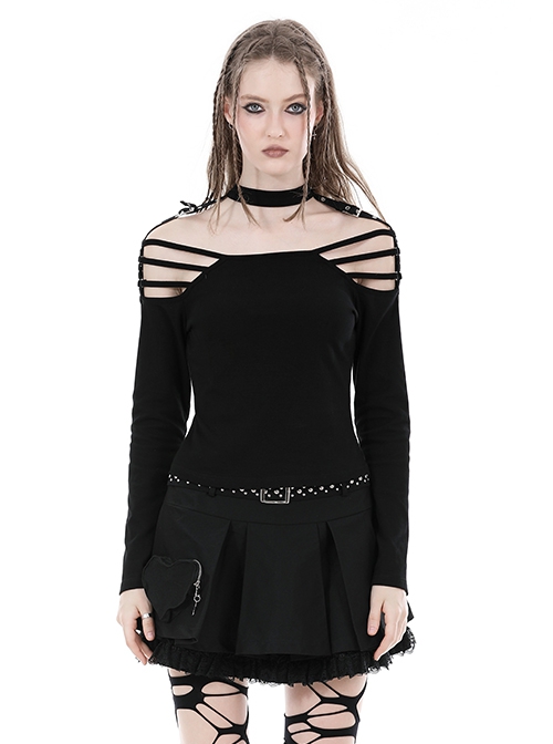 Punk Style Personalized Metal Buckle Strap Sexy Hollow One Shoulder Black Halterneck Long Sleeves Top