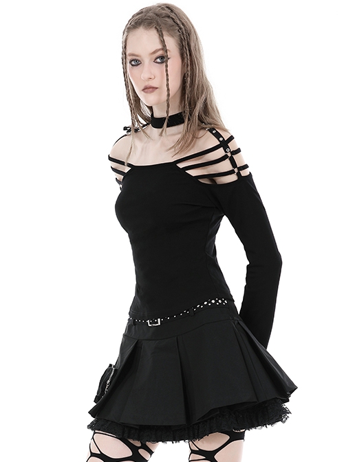 Punk Style Personalized Metal Buckle Strap Sexy Hollow One Shoulder Black Halterneck Long Sleeves Top