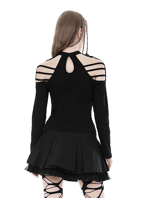 Punk Style Personalized Metal Buckle Strap Sexy Hollow One Shoulder Black Halterneck Long Sleeves Top