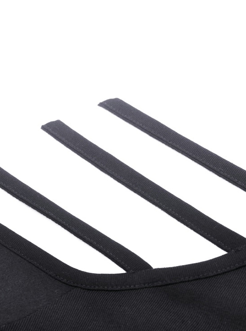 Punk Style Personalized Metal Buckle Strap Sexy Hollow One Shoulder Black Halterneck Long Sleeves Top