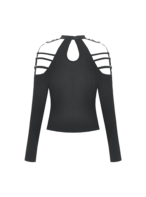Punk Style Personalized Metal Buckle Strap Sexy Hollow One Shoulder Black Halterneck Long Sleeves Top