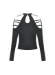 Punk Style Personalized Metal Buckle Strap Sexy Hollow One Shoulder Black Halterneck Long Sleeves Top
