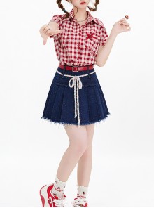 Cherry Magic Potion Series Sweet Cool Summer Retro Twine Bowknot Kawaii Fashion Belt Dark Blue Denim Skirt