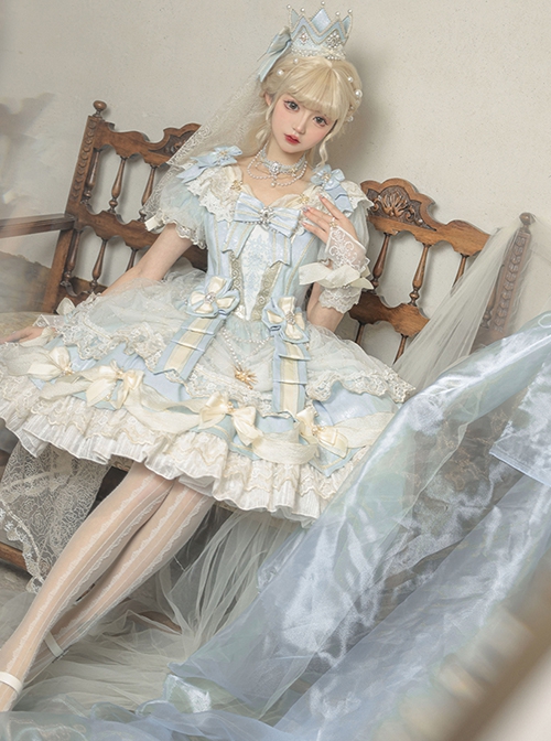 Gorgeous Dreamy Girl Pearl Lace Ruffle Stereoscopic Rolled Waist Flower Yarn Palace Vintage Classic Lolita Dress