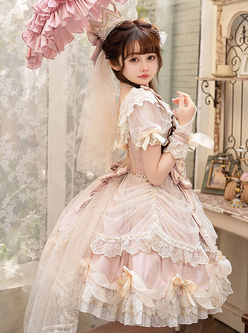 Gorgeous Dreamy Girl Pearl Lace Ruffle Stereoscopic Rolled Waist Flower Yarn Palace Vintage Classic Lolita Dress