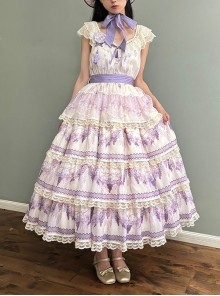 Grape Hyacinth Series Pastoral Style Vine Flower Spike Print V Collar Ribbon Belt Multi-Segment Vintage Classic Dress