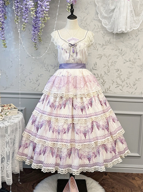 Grape Hyacinth Series Pastoral Style Vine Flower Spike Print V Collar Ribbon Belt Multi-Segment Vintage Classic Dress