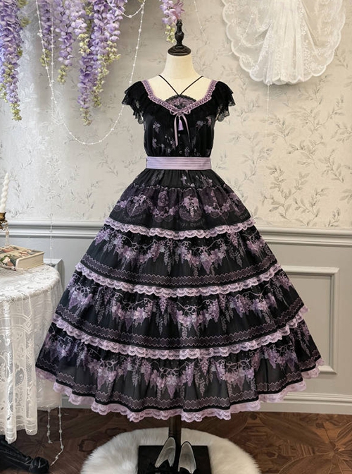 Grape Hyacinth Series Pastoral Style Vine Flower Spike Print V Collar Ribbon Belt Multi-Segment Vintage Classic Dress