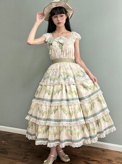 Grape Hyacinth Series Pastoral Style Vine Flower Spike Print V Collar Ribbon Belt Multi-Segment Vintage Classic Dress