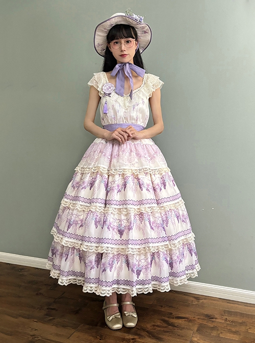 Grape Hyacinth Series Pastoral Style Vine Flower Spike Print V Collar Ribbon Belt Multi-Segment Vintage Classic Dress