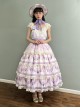 Grape Hyacinth Series Pastoral Style Vine Flower Spike Print V Collar Ribbon Belt Multi-Segment Vintage Classic Dress