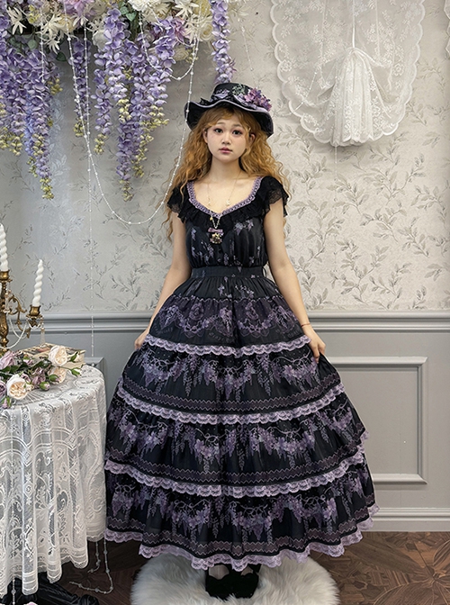 Grape Hyacinth Series Pastoral Style Vine Flower Spike Print V Collar Ribbon Belt Multi-Segment Vintage Classic Dress