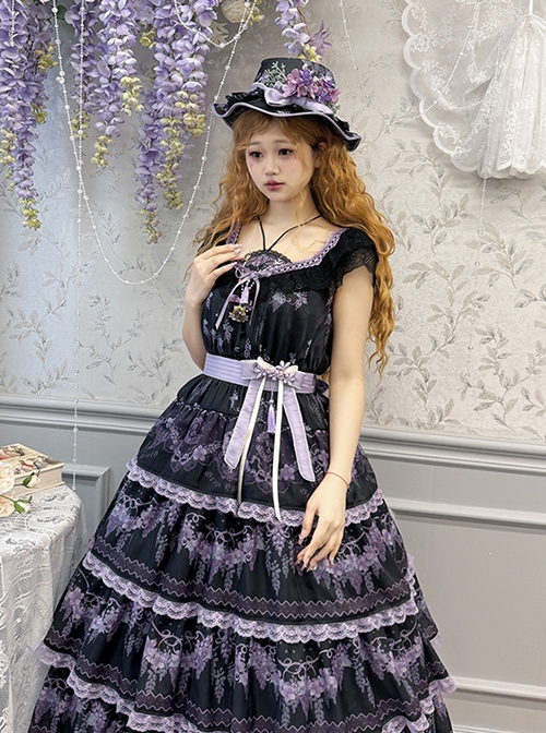 Grape Hyacinth Series Pastoral Style Vine Flower Spike Print V Collar Ribbon Belt Multi-Segment Vintage Classic Dress