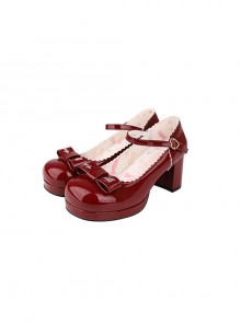 Elegant Bowknot Petal Edge Heart Shape Metal Buckle Round Toe Thick Bottom Sweet Lolita High Heel Mary Jane Shoes