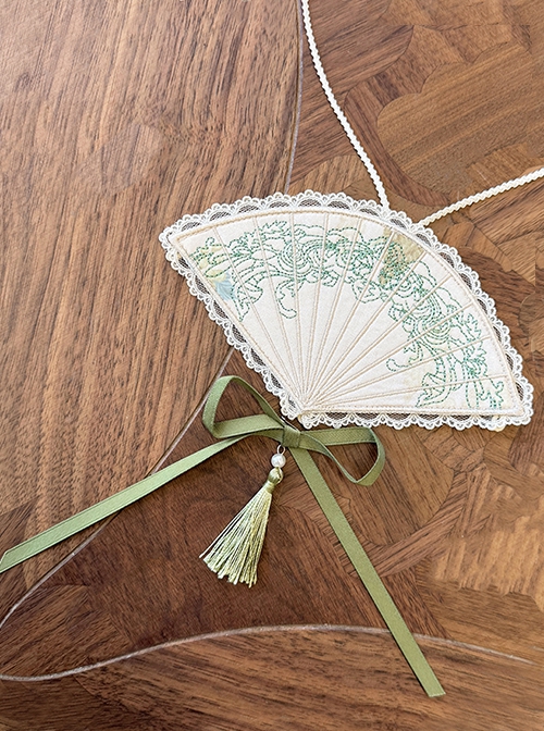 Grape Hyacinth Series Elegant Floral Embroidery Classic Lolita Bowknot Tassel Lace Fan Pendant Necklace