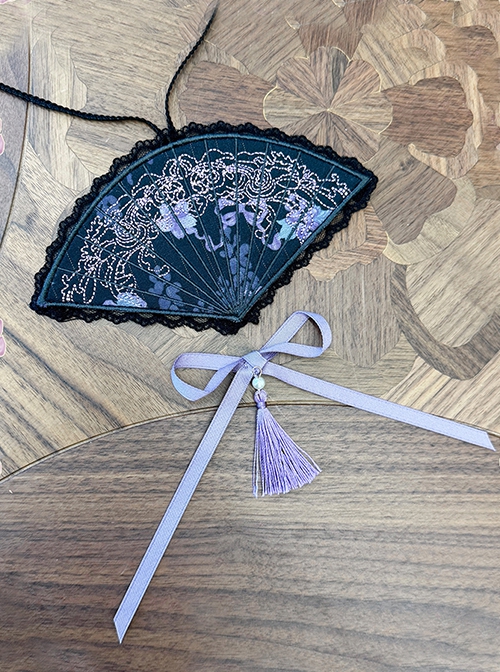 Grape Hyacinth Series Elegant Floral Embroidery Classic Lolita Bowknot Tassel Lace Fan Pendant Necklace