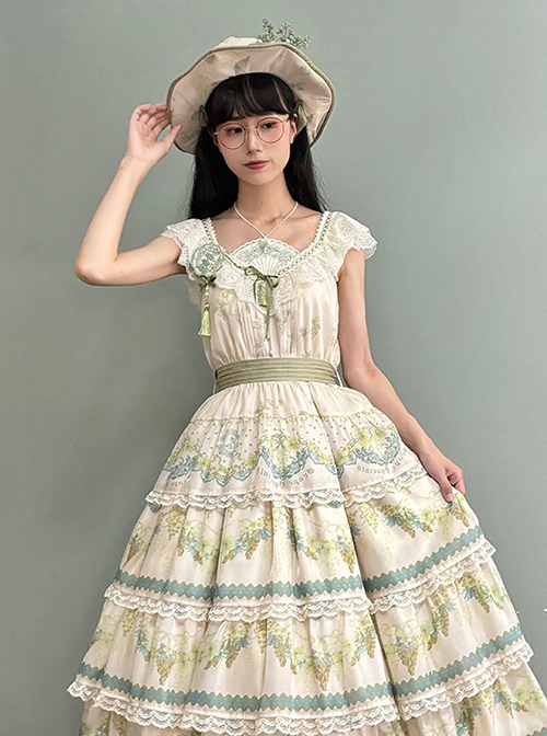 Grape Hyacinth Series Elegant Floral Embroidery Classic Lolita Bowknot Tassel Lace Fan Pendant Necklace