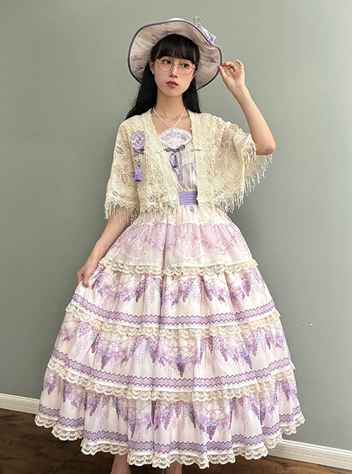 Grape Hyacinth Series Elegant Floral Embroidery Classic Lolita Bowknot Tassel Lace Fan Pendant Necklace