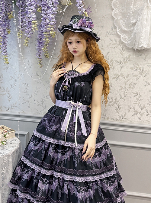 Grape Hyacinth Series Elegant Floral Embroidery Classic Lolita Bowknot Tassel Lace Fan Pendant Necklace
