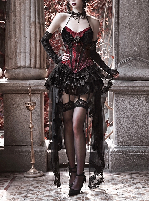 Duchess Series Black Red Gothic Rococo Lolita Velvet Fishbone Girdle Beaded Velvet Halter Top Lace Mesh Yarn Trailing Skirt Set