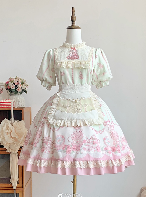 Rose Garden Series Cute Teacup Embroidery Pink Tea Party Print Lace Sweet Lolita Small Round Neck Puff Sleeve Dress Apron Set