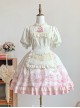 Rose Garden Series Cute Teacup Embroidery Pink Tea Party Print Lace Sweet Lolita Small Round Neck Puff Sleeve Dress Apron Set