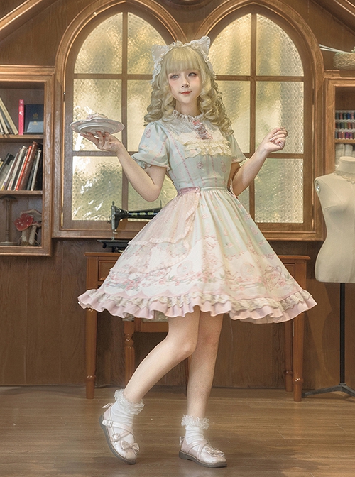 Rose Garden Series Cute Teacup Embroidery Pink Tea Party Print Lace Sweet Lolita Small Round Neck Puff Sleeve Dress Apron Set