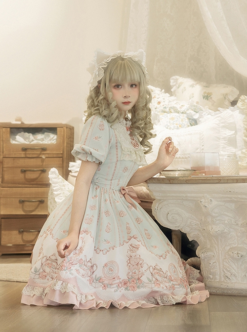 Rose Garden Series Cute Teacup Embroidery Pink Tea Party Print Lace Sweet Lolita Small Round Neck Puff Sleeve Dress Apron Set