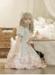 Rose Garden Series Cute Teacup Embroidery Pink Tea Party Print Lace Sweet Lolita Small Round Neck Puff Sleeve Dress Apron Set