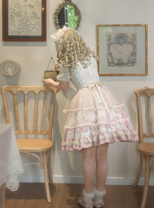 Rose Garden Series Cute Teacup Embroidery Pink Tea Party Print Lace Sweet Lolita Small Round Neck Puff Sleeve Dress Apron Set