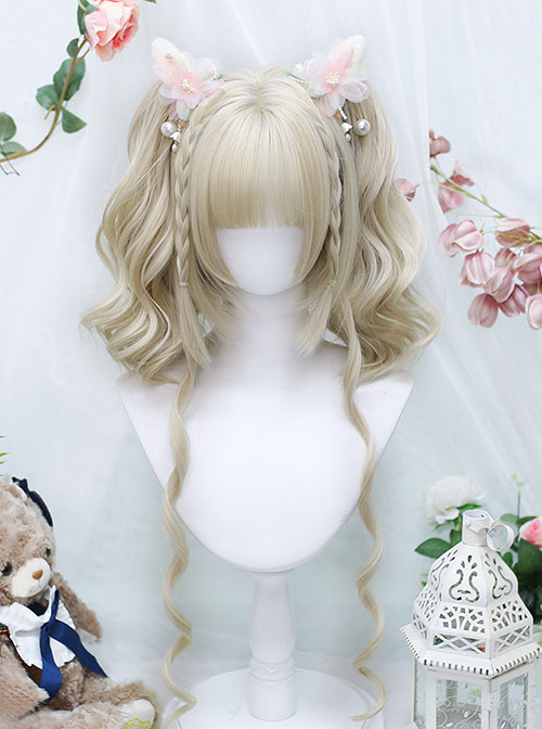 Natural Flat Bangs Cute Tiger Mouth Clip Double Ponytail Twist Braids Curly Hair Sweet Lolita Wig