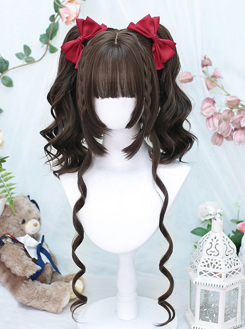 Natural Flat Bangs Cute Tiger Mouth Clip Double Ponytail Twist Braids Curly Hair Sweet Lolita Wig