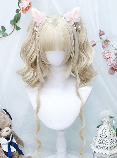 Natural Flat Bangs Cute Tiger Mouth Clip Double Ponytail Twist Braids Curly Hair Sweet Lolita Wig