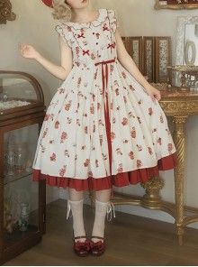 Rose Garden Series Small Flying Sleeves Ruffled Round Neck Red Tea Party Plate Print Berry Sweet Classic Lolita Dress