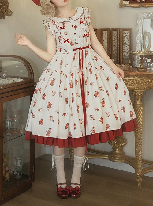 Rose Garden Series Small Flying Sleeves Ruffled Round Neck Red Tea Party Plate Print Berry Sweet Classic Lolita Dress