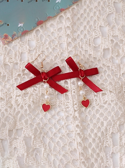 Cute Strawberry Red Ribbon Bowknot Pearl Chain Heart Pendant Sweet Lolita Ear Hook Earrings