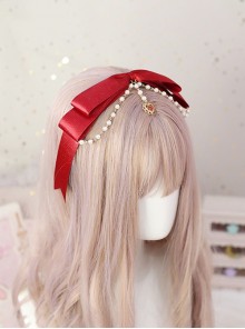 Symmetrical Sweet Lolita Strawberry Red Ribbon Bowknot Pearl Chain Heart Cross Pendant Hairband