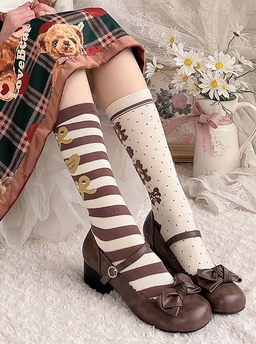 Two Color Asymmetrical Stripe Polka Dots Bear Bowknot Heart Shape Print Sweet Lolita Calf Socks