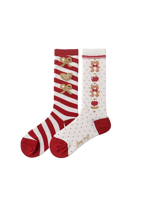 Two Color Asymmetrical Stripe Polka Dots Bear Bowknot Heart Shape Print Sweet Lolita Calf Socks