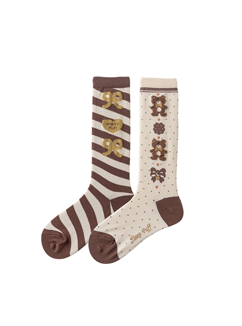Two Color Asymmetrical Stripe Polka Dots Bear Bowknot Heart Shape Print Sweet Lolita Calf Socks