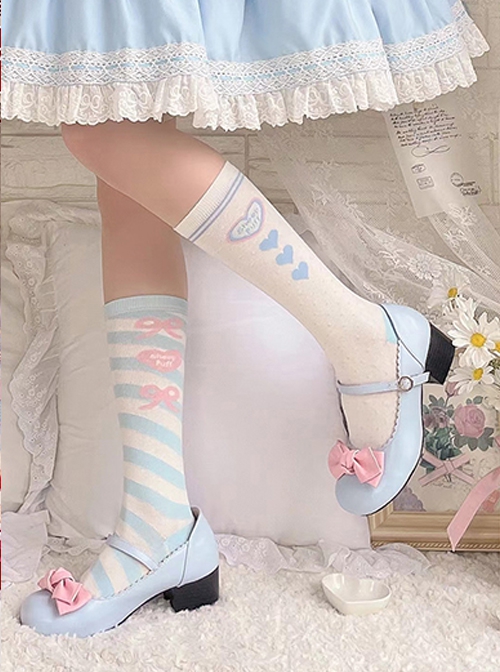 Two Color Asymmetrical Stripe Polka Dots Bear Bowknot Heart Shape Print Sweet Lolita Calf Socks