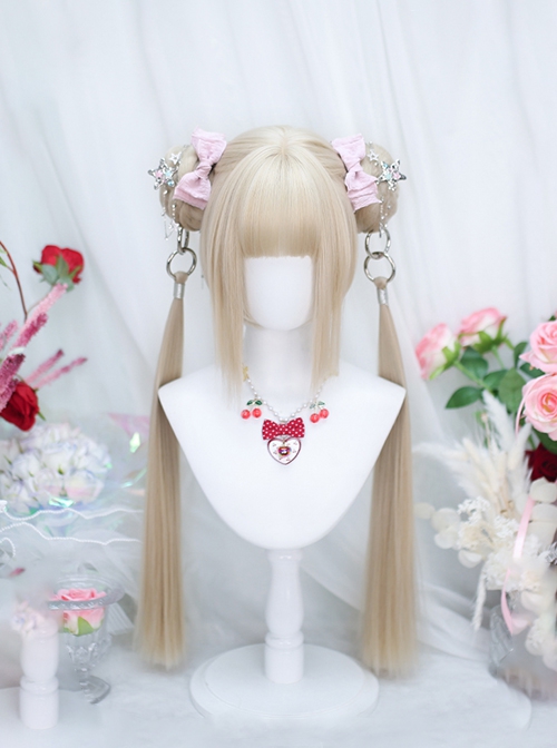 Cheese Series Chinese Style Straight Bangs Bun Head Metal Ring Buckle Classic Lolita Double Ponytail Wig