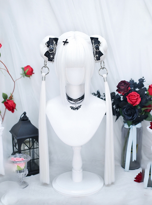 Cheese Series Chinese Style Straight Bangs Bun Head Metal Ring Buckle Classic Lolita Double Ponytail Wig