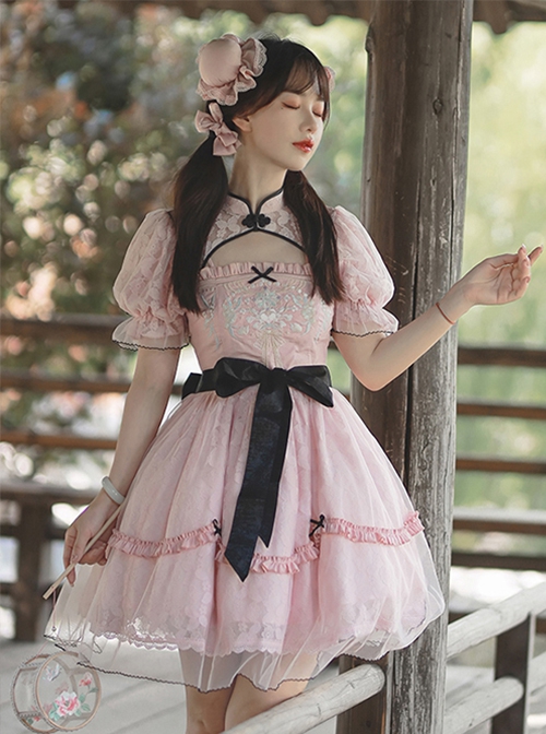 Changan Ballad Series Chinese Style Sweet Lolita Lace Cheongsam Accessory Bun Hair Bag Hairpin Bowknot Sleeves Set
