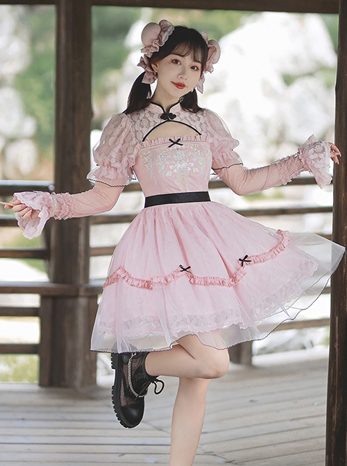 Changan Ballad Series Chinese Style Sweet Lolita Lace Cheongsam Accessory Bun Hair Bag Hairpin Bowknot Sleeves Set